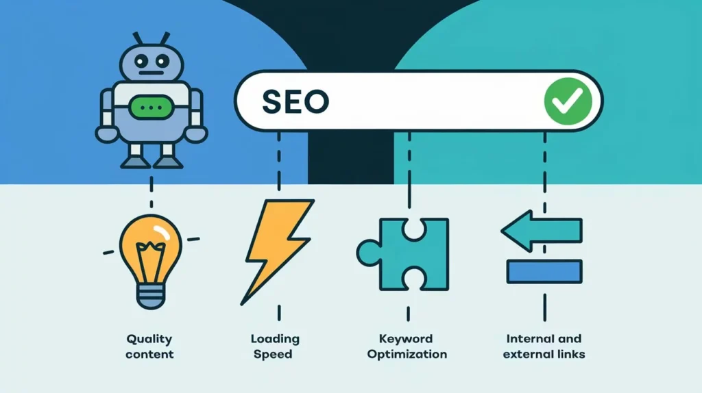 Infografía que explica los componentes principales del SEO, incluyendo optimización de palabras clave, contenido de calidad, velocidad de carga, y enlaces internos y externos