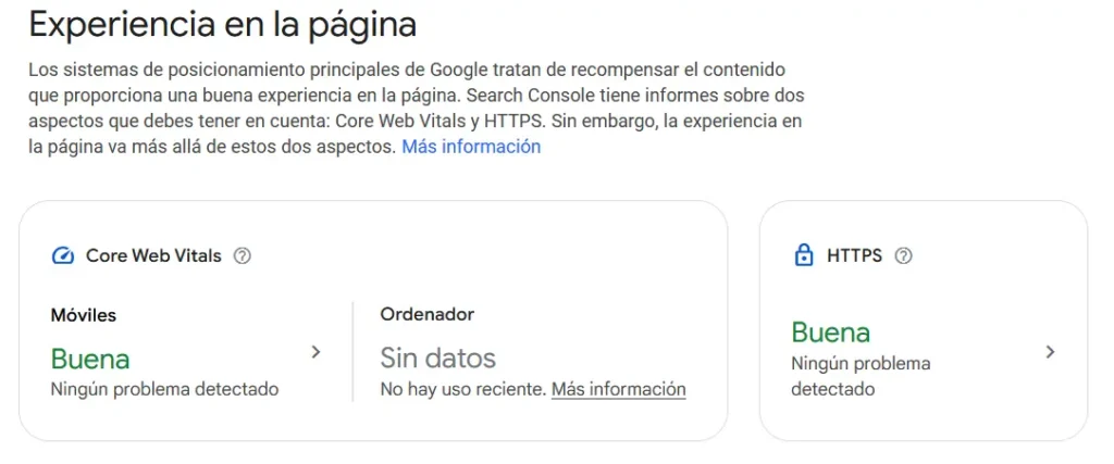 informe de experiencia en la pagina en search console