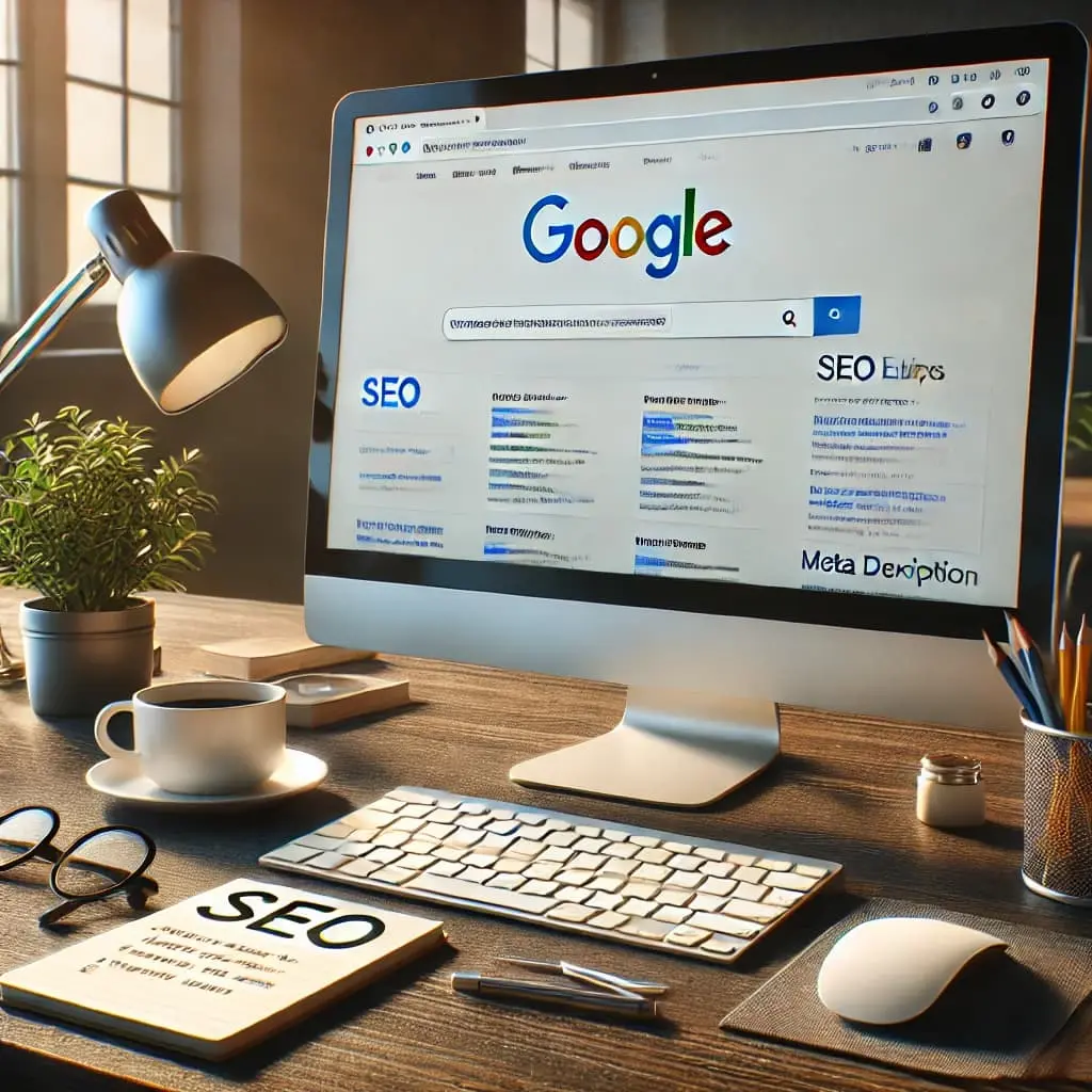 Estrategia SEO sobre escritorio moderno con laptop, gráficos de CTR y notas con palabras clave para mejorar meta descripciones y títulos
