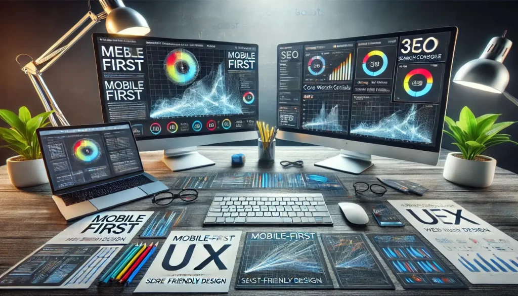 Estación de trabajo con pantallas mostrando Core Web Vitals, Search Console y diseño UX aplicado al posicionamiento SEO
